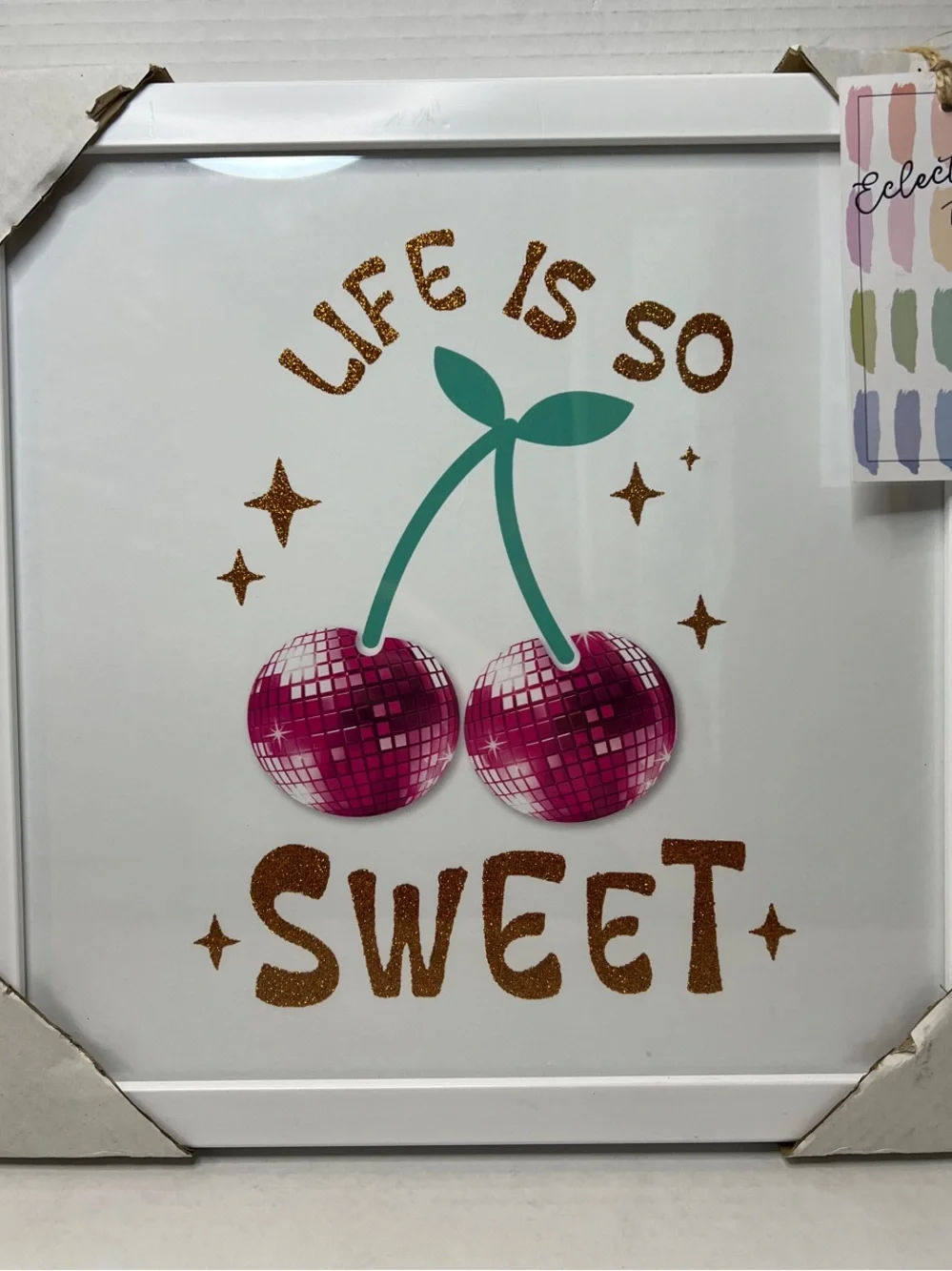 Eclectic Art Glitter Life Is So Sweet Pink Cherry Disco BallWall Art New